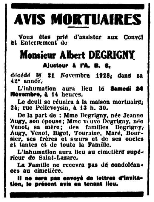 Nota necrològica publicada en el diari de Bourges "La Dépêche de Berry" del 23 de novembre de 1928