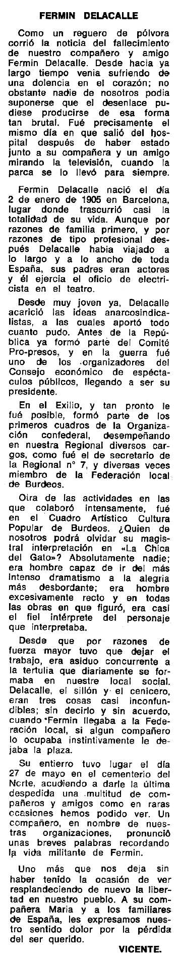 Necrol&ograve;gica de Ferm&iacute;n de la Calle Zuera apareguda en el peri&ograve;dic tolos&agrave; "Espoir" del 3 de desembre de 1972