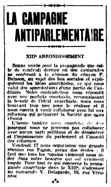 Notícia orgànica sobre Victor Delagarde apareguda en el periòdic parisenc "Le Libertaire" del 18 d'abril de 1914
