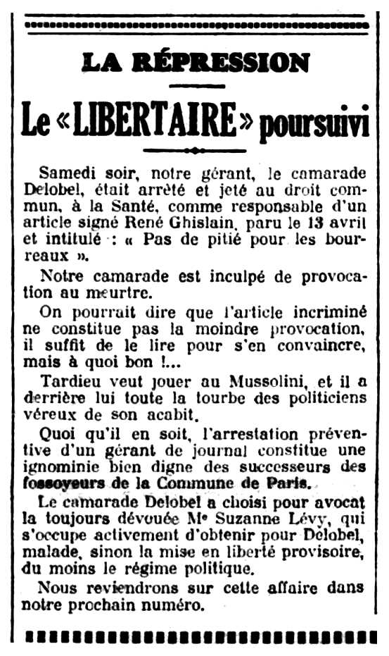 Notícia de la detenció d'Edgard Delobel apareguda en el periòdic "Le Libertaire" del 25 de maig de 1929
