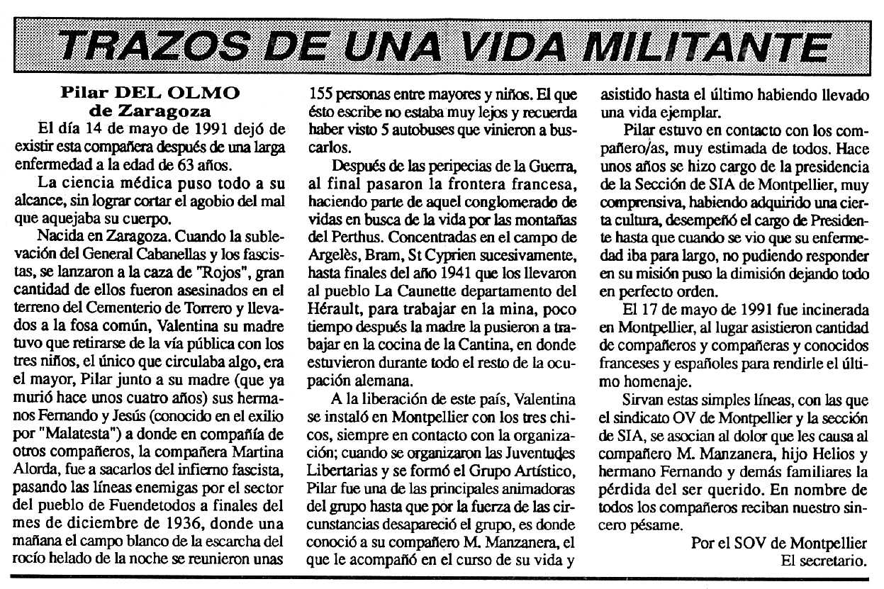 Necrològica de Pilar del Olmo Sáez apareguda en el periòdic tolosà "Cenit" del 25 de juny de 1991