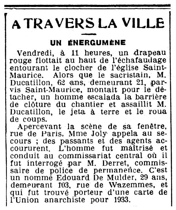 Notícia de la detenció d'Édouard de Mulder apareguda en el diari de Lilla "Le Grand Écho du Nord de France" del 16 de juliol de 1933