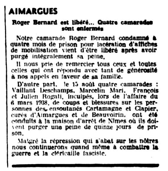 Notícia de la detenció de Vaillant Deschamps apareguda en el periòdic "Le Libertaire" del 14 d'agost de 1939