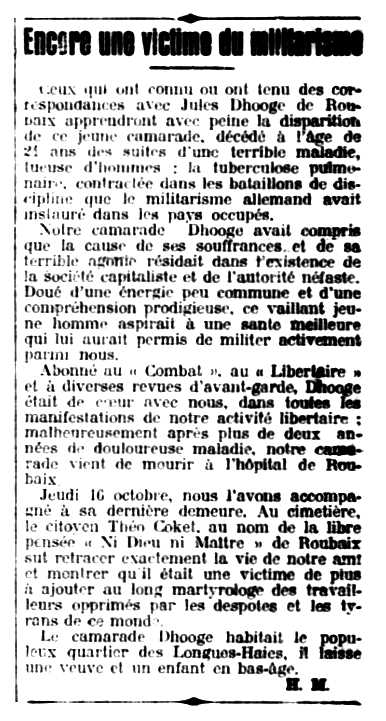 Necrològica de Jules D'Hooge apareguda en el periòdic parisenc "Le Libertaire" del 19 d'octubre de 1924