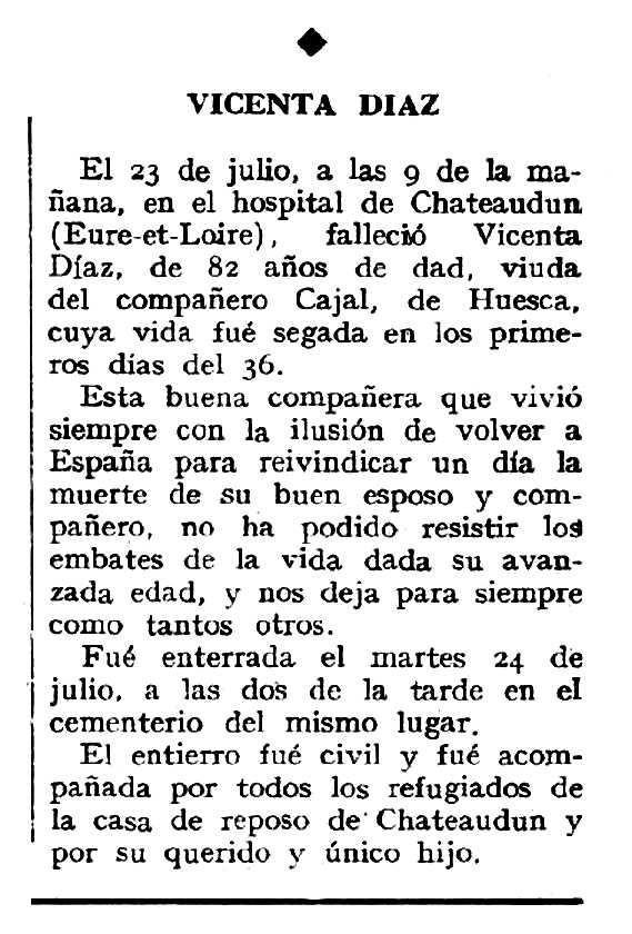 Necrològica de Vicenta Díaz Guillén apareguda en el periòdic tolosà "Espoir" del 2 de desembre de 1962