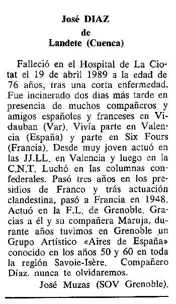 Necrològica de José Díaz Marín apareguda en el periòdic tolosà "Cenit" del 27 de juny de 1989