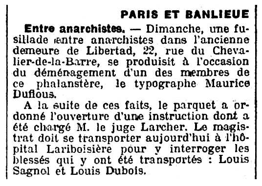 Notícia sobre Maurice Duflou i l'enfrontament a trets apareguda en el diari parisenc "L'Univers" de l'11 de maig de 1910