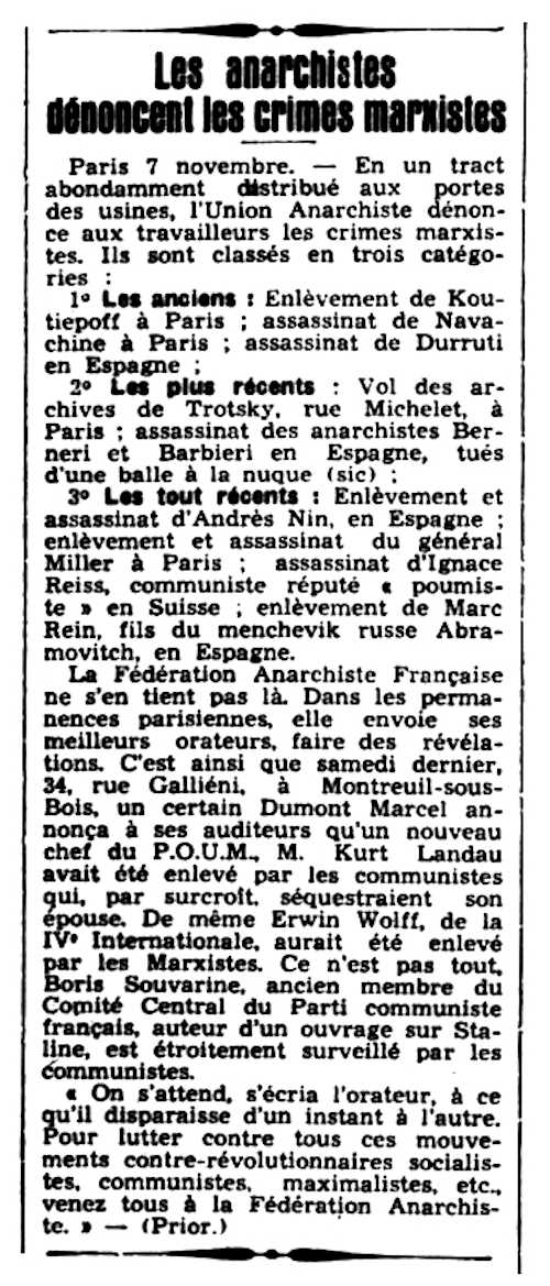 Not&iacute;cia de la den&uacute;ncia de Marcel Dumont publicada en el diari de Saint-&Eacute;tienne "M&eacute;morial de la Loire et de la Haute-Loire" del 8 de novembre de 1937