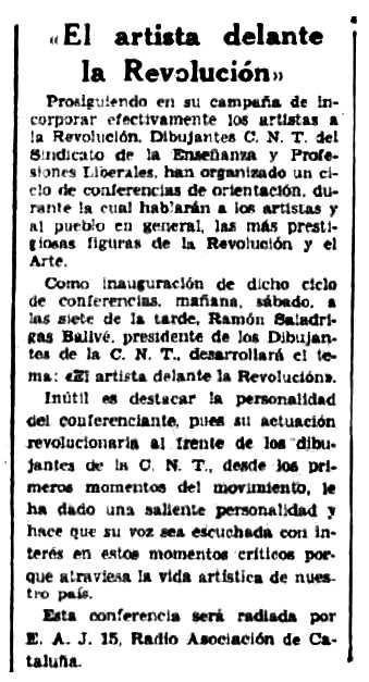 Anunci sobre la retransmissió de la conferència aparegut en el periòdic barceloní "Solidaridad Obrera" del 23 d'abril de 1937
