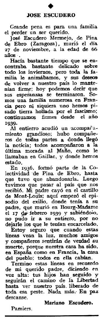Necrol&ograve;gica de Jos&eacute; Escudero Mermejo publicada en el peri&ograve;dic tolos&agrave; "Espoir" del 27 de gener de 1963)