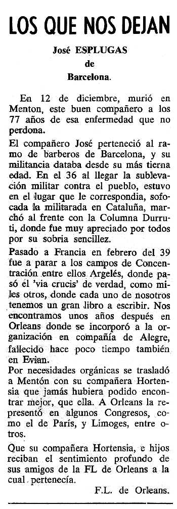 Necrol&ograve;gica de Josep Espluga Culubret apareguda en el peri&ograve;dic tolos&agrave; "Cenit" del 10 de gener de 1989