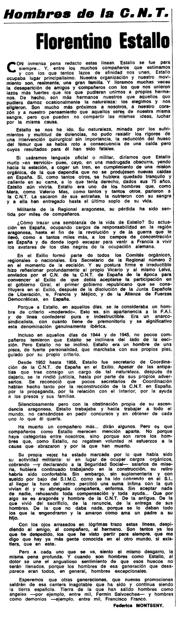 Necrològica de Florentino Estallo Villacampa apareguda en el periòdic tolosà "Espoir" del 30 de novemvbre de 1975