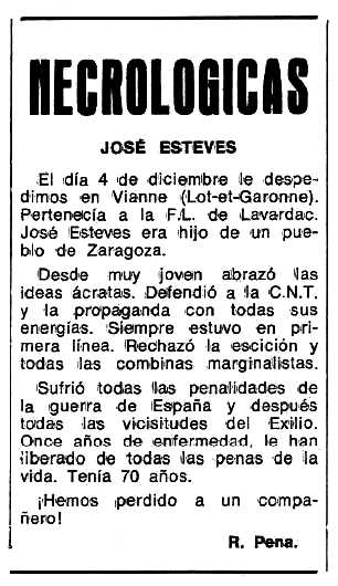 Necrol&ograve;gica de Josep Esteve Guardiola apareguda en el peri&ograve;dic tolos&agrave; "Espoir" del 22 de gener de 1978