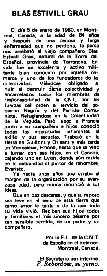 Necrol&ograve;gica de Blai Estivill Grau apareguda en el peri&ograve;dic "Espoir" de l'1 de juny de 1980