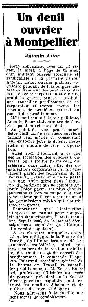 Necrològica d'Antonin Estor apareguda en el periòdic parisenc "Le Peuple" del 4 de febrer de 1930