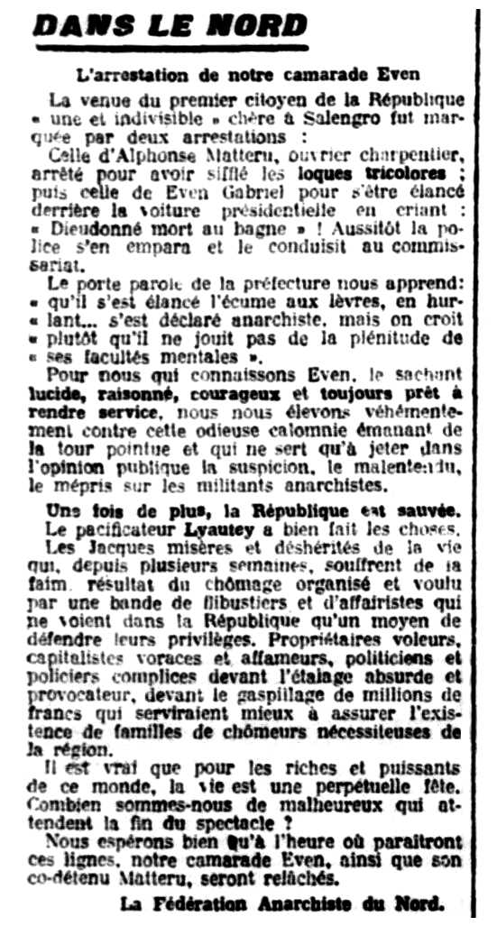Notícia de la detenció de Gabriel Even apareguda en el periòdic parisenc "Le Libertaire" del 8 d'abril de 1927