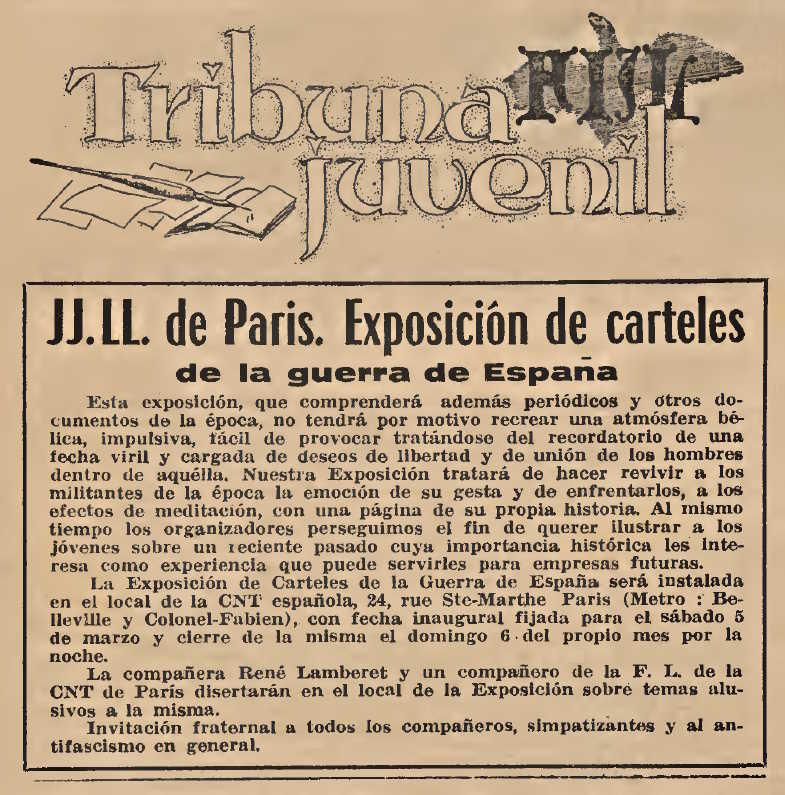 Convocatòria de l'acte publicada en el periòdic parisenc "Solidaridad Obrera" del 3 de març de 1955