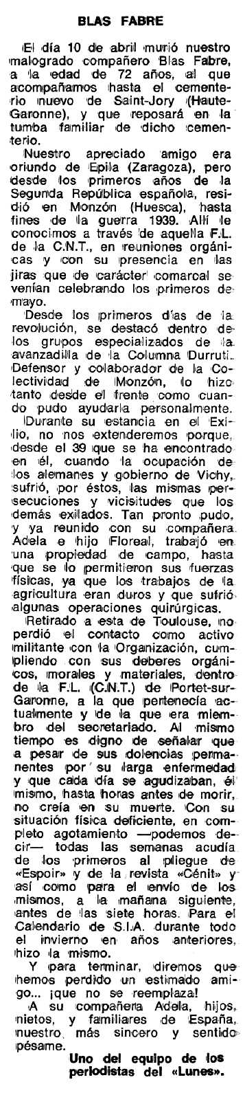 Necrològica de Blas Fabre Domínguez apareguda en el periòdic tolosà "Espoir" del 21 de maig de 1979
