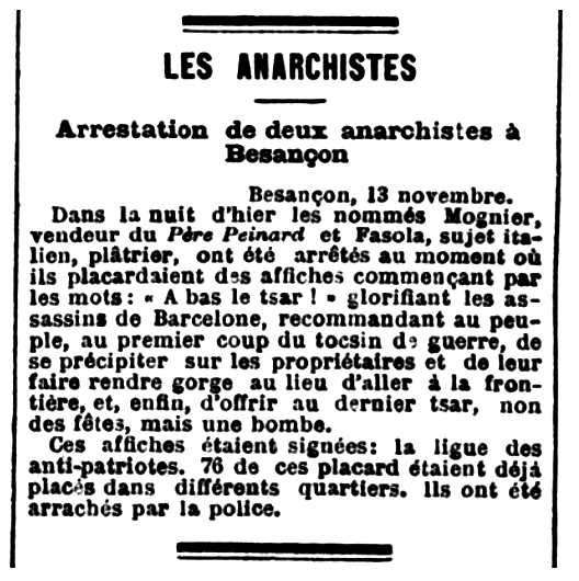 Notícia de la detenció de Francesco Fasola apareguda en el diari parisenc "Paris" del 14 de novembre de 1893