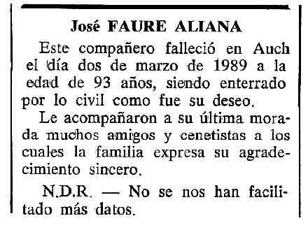 Necrològica de Josep Faure Aliana apareguda en el periòdic tolosà "Cenit" del 18 d'abril de 1989