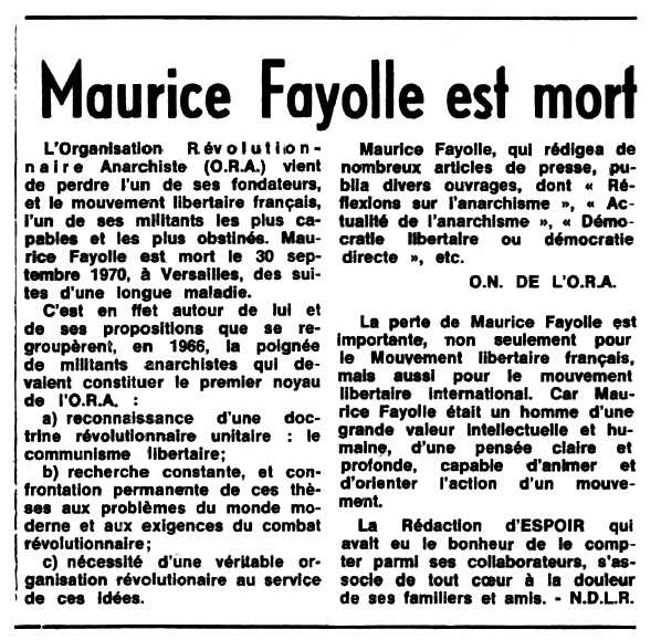 Necrològica de Maurice Fayolle apareguda en el periòdic tolosà "Espoir" del 15 de novembre de 1970