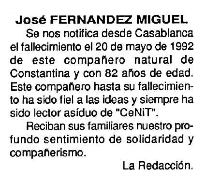 Necrològica de José Fernández Miguel apareguda en el periòdic tolosà "Cenit" del 16 de juny de 1992