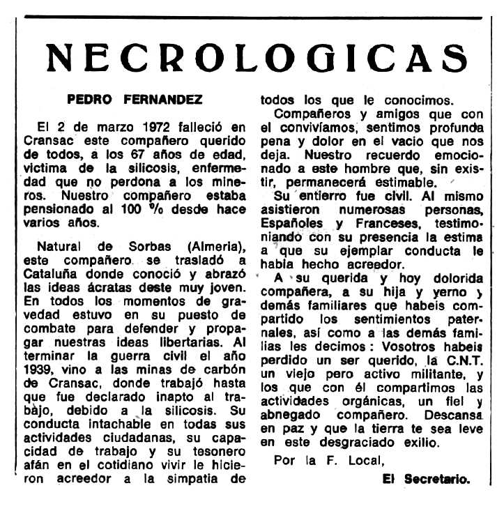 Necrològica de Pedro Fernández Agüero apareguda en el periòdic tolosà "Espoir" del 10 de setembre de 1972
