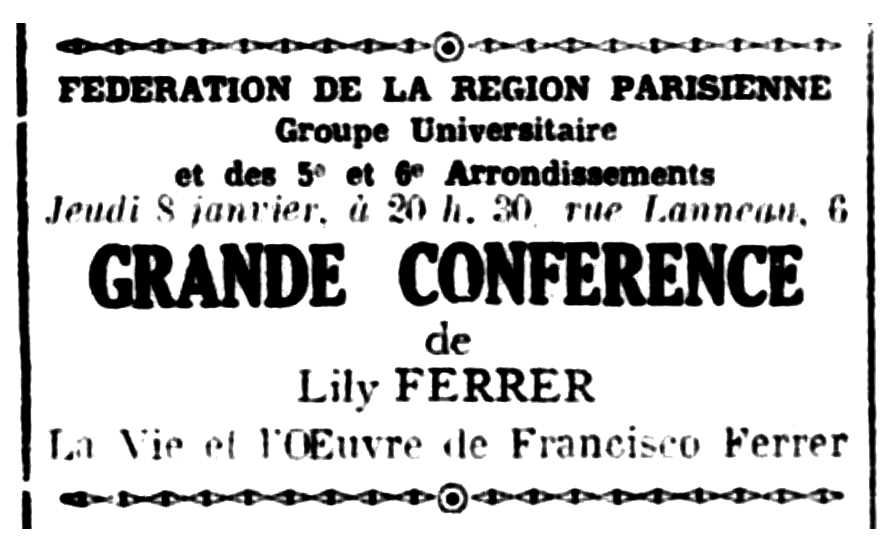 Convocatòria d'una conferència de Lilly Ferrer publicada en el periòdic parisenc "Le Libertaire" del 6 de gener de 1925