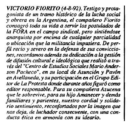 Necrològica de Victorio Fiorito apareguda en el periòdic de Buenos Aries "El Libertario" de setembre i octubre de 1992