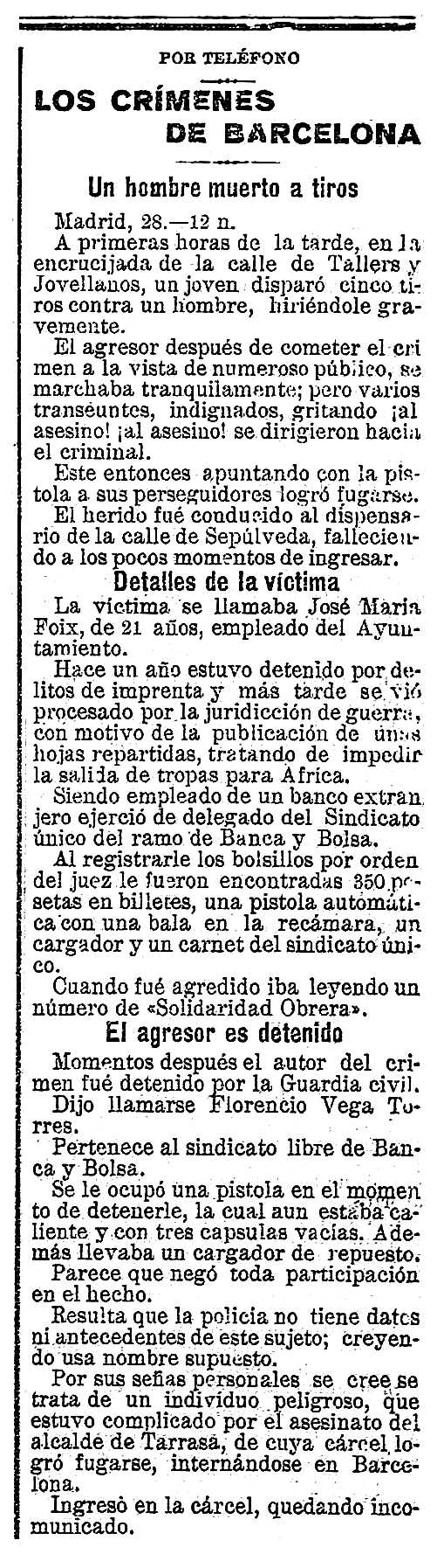 Notícia de l'assassinat de Josep Maria Foix Vila apareguda en el diari d'Almeria "La Independencia" del 29 d'abril de 1923