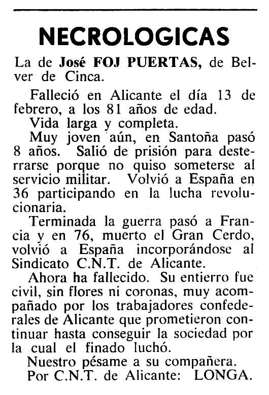 Necrològica de José Foj Puertas apareguda en el periòdic tolosà "Cenit" del 13 de març de 1984