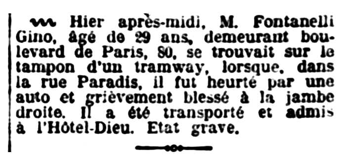 Notícia de l'accident de Gino Fontanelli publicada en el diari marsellès "Le Petit Provençal" del 7 d'octubre de 1929