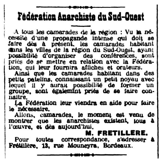 Notícia orgànica de Marc Frétillère apareguda en el periòdic parisenc "Le Libertaire" del 13 d'octubre de 1922