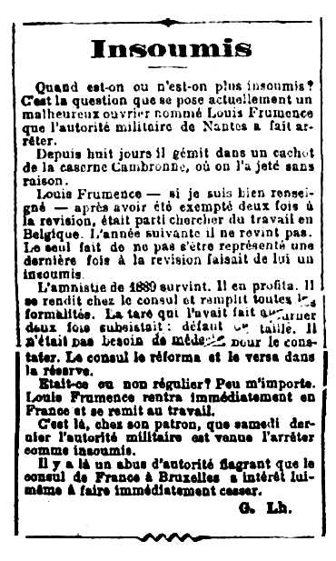 Notícia de la detenció de Louis Frumence apareguda en el diari parisenc "L'Aurore" del 31 de març de 1900