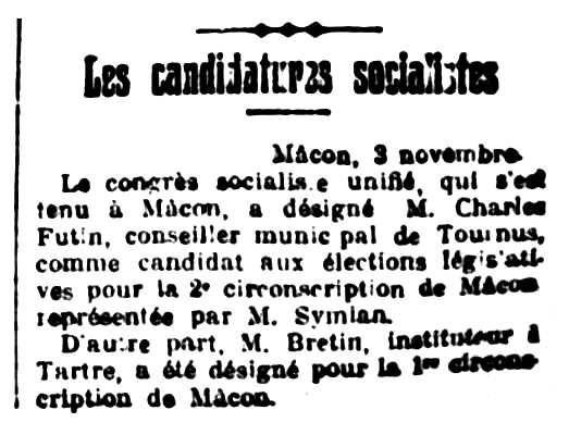 Notícia orgànica de Charles Futin apareguda en el diari de Dijon "Le Progrés de la Côte-d'Or" del 4 de novembre de 1913