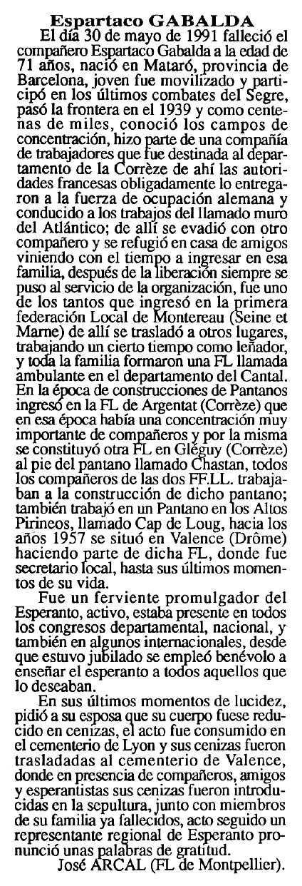 Necrol&ograve;gica d'Espartaco Gabald&agrave; Pla apareguda en el peri&ograve;dic tolos&agrave; "Espoir" de l'1 d'octubre de 1991