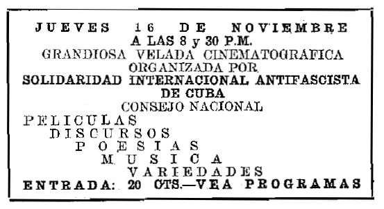 Propaganda de l'acte apareguda en el periòdic de l'Havana "Nuevos Rumbos" de l'1 d'octubre de 1939