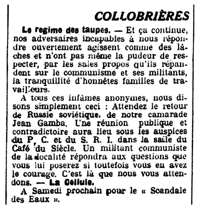 Notícia d'una xerrada de Jean Gamba publicada en el setmanari comunista de Nimes "La Provence Ouvrière et Paysanne" del 21 de novembre de 1927