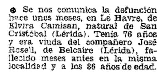 Notícia necrològica sobre Elvira Gamisans Fainé apareguda en el periodic parisenc "Frente Libertario" de juny de 1976