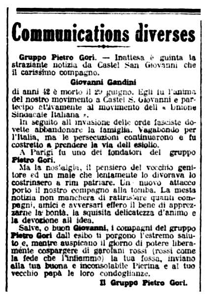 Necrològica de Giovanni Gandini apareguda en el periòdic parisenc "Le Libertaire" del 9 de juliol de 1926