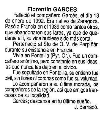 Necrològica de Florentín Garcés Lafuente apareguda en el periòdic tolosà "Cenit" del 12 de maig de 1992