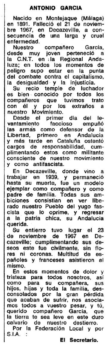 Necrol&ograve;gica d'Antonio Garc&iacute;a S&aacute;nchez apareguda en el peri&ograve;dic tolos&agrave; "Espoir" del 24 de desembre de 1967