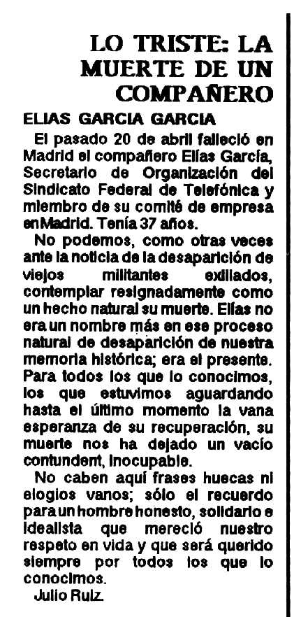 Necrològica d'Elías García García apareguda en el primer número de la revista "Libre Pensamiento" de maig de 1988