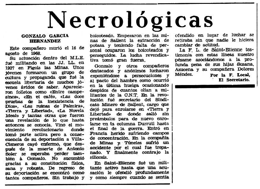 Necrològica de Gonzalo García Hernández apareguda en el periòdic tolosà "Espoir" del 10 de novembre de 1968)