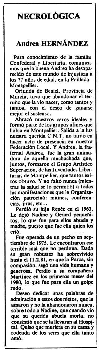 Necrològica d'Andrea García Martínez apareguda en el periòdic tolosà "Espoir" del 31 de maig de 1981