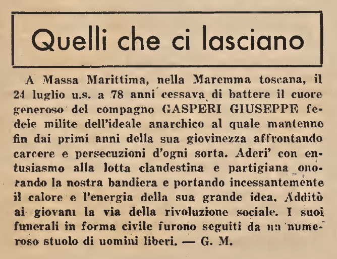 Necrològica de Giuseppe Gasperi apareguda en el periòdic novaiorquès "L'Adunata dei Refrattari" del 9 de desembre de 1961