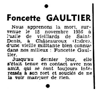 Nota necrològica de Foncette Gaultier apareguda en el periòdic parisenc "Le Monde Libertaire" de gener de 1957