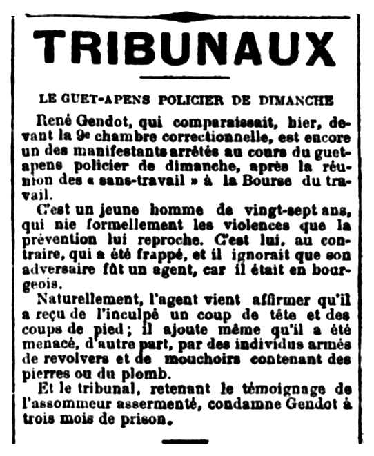 Notícia de la condemna de René Gendot publicada en el diari parisenc "La Petite République" del 8 de març de 1902