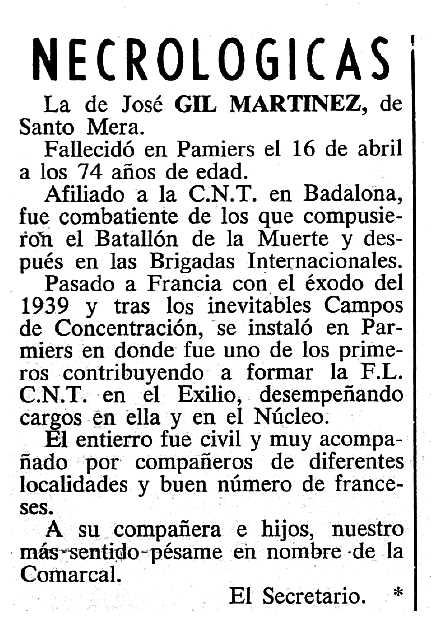 Necrològica de José Gil Martínez apareguda en el periòdic tolosà "Cenit" del 30 d'agost de 1983