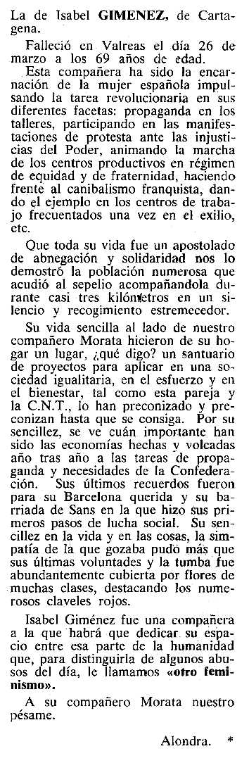 Necrol&ograve;gica d'Isabel Gim&eacute;nez Galeras apareguda en el peri&ograve;dic tolos&agrave; "Cenit" del 26 de juny de 1984